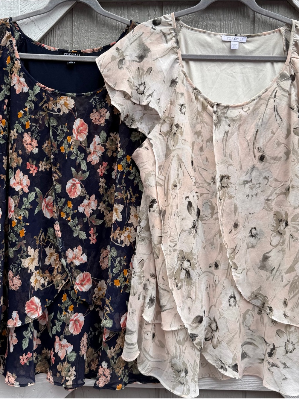 Roz & Ali Floral Layered Ruffle Blouses in Navy and Blush